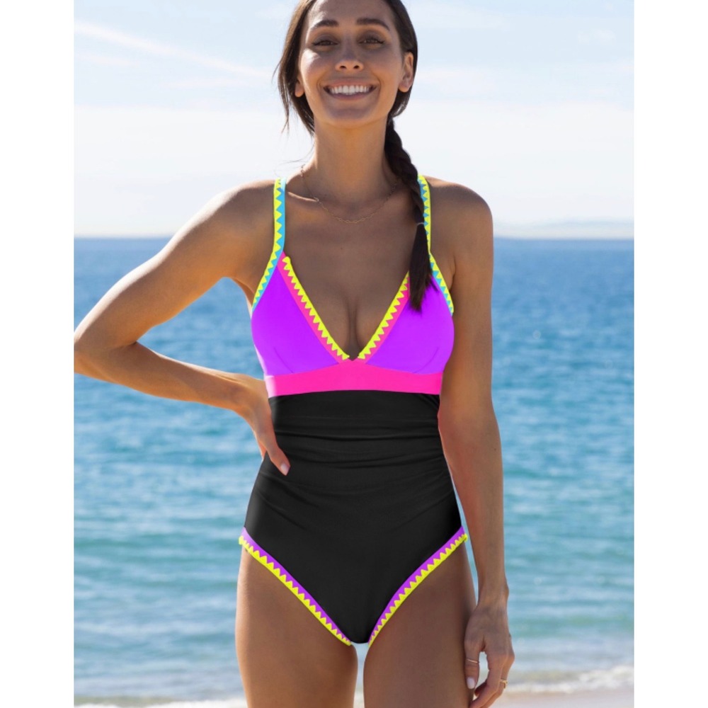 NWT Popvil Neon Colorblock One Piece Swimsuit Tummy Control Medium